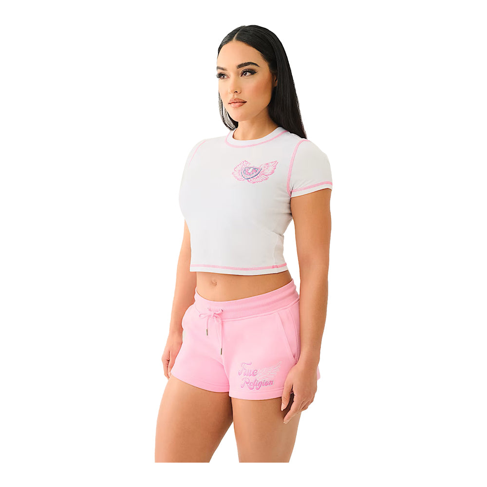 True Religion Women's Flatlock Winged Crystal Logo Baby Tee - White 2