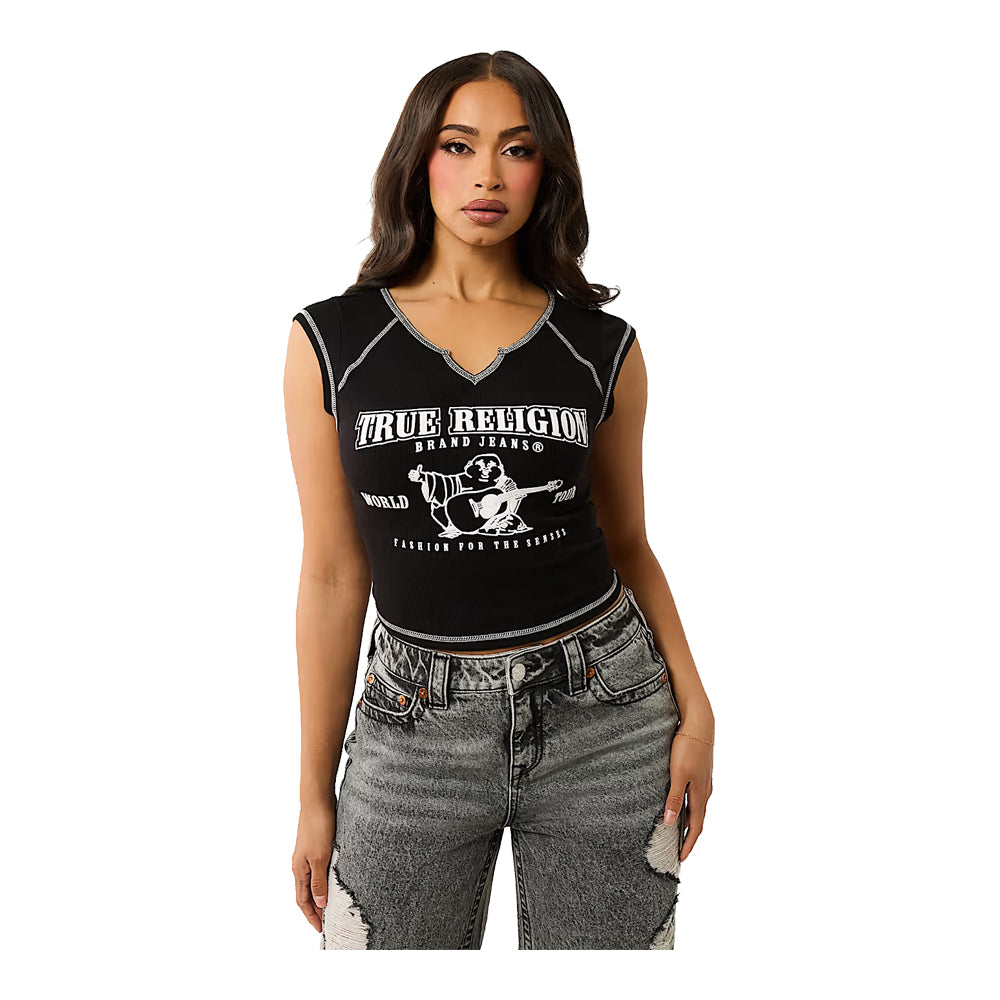 True Religion Women's Ribbed World Tour Notch Baby Tee - Black 5