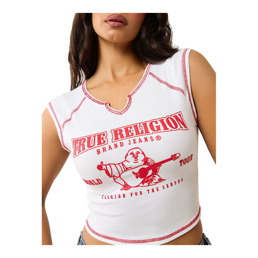 True Religion Women's Ribbed World Tour Notch Baby Tee - White 4