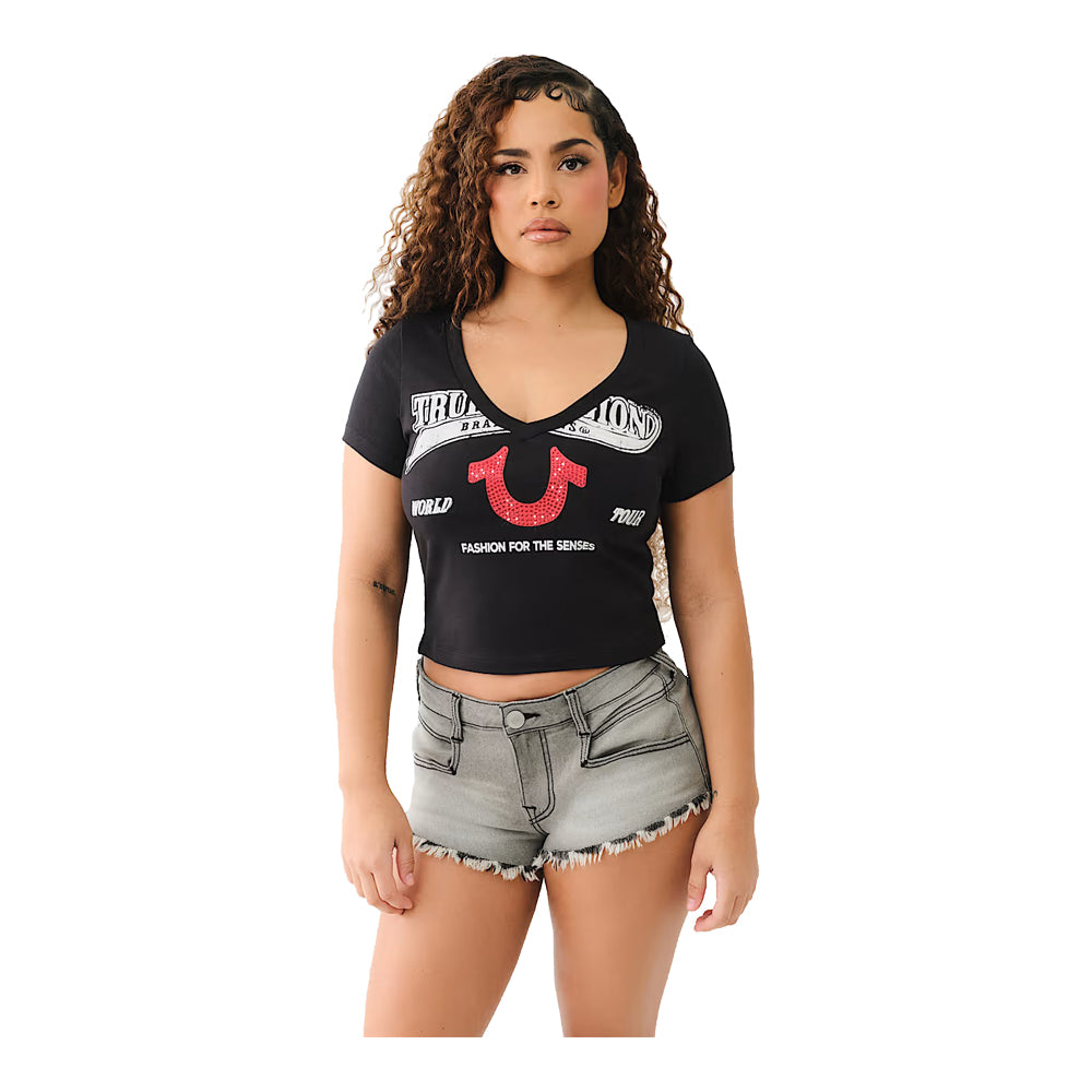True Religion Women's Crystal Horseshoe V Neck Baby Tee - Black 5