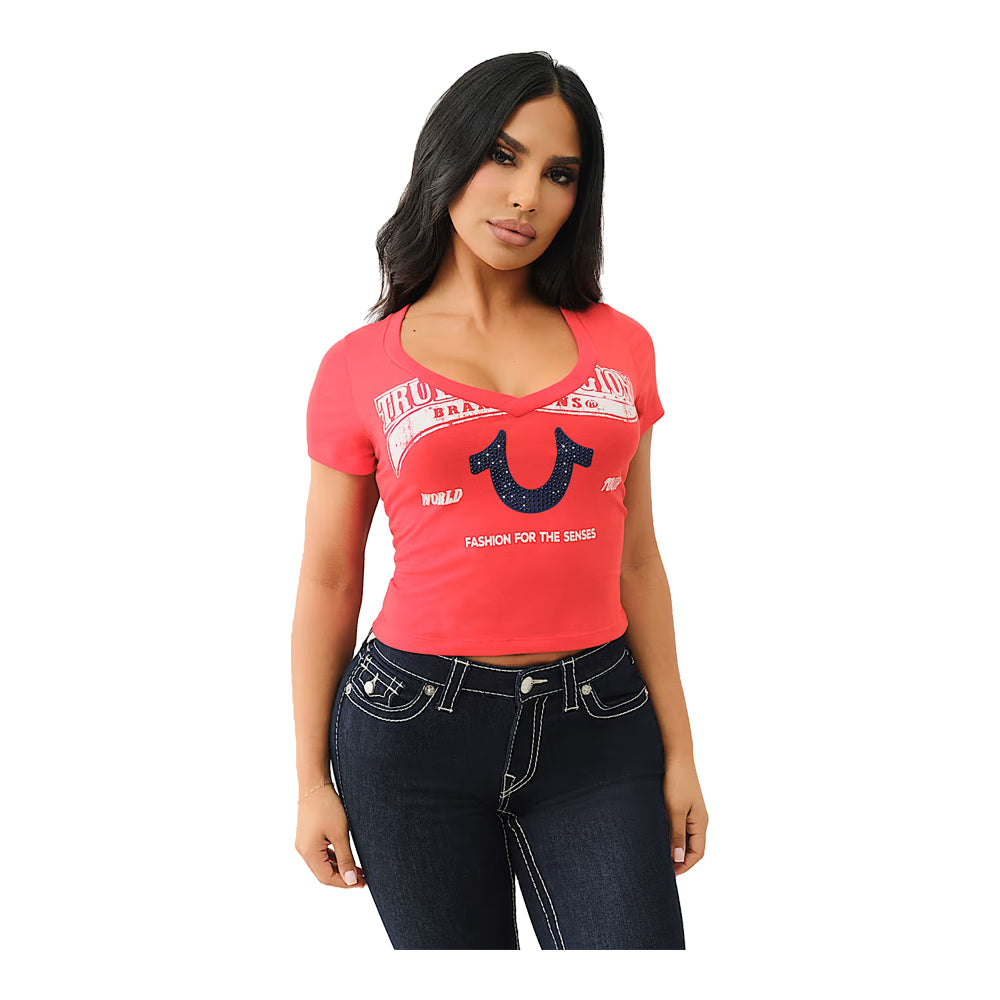 True Religion Women's Crystal Horseshoe V Neck Baby Tee - Red 4