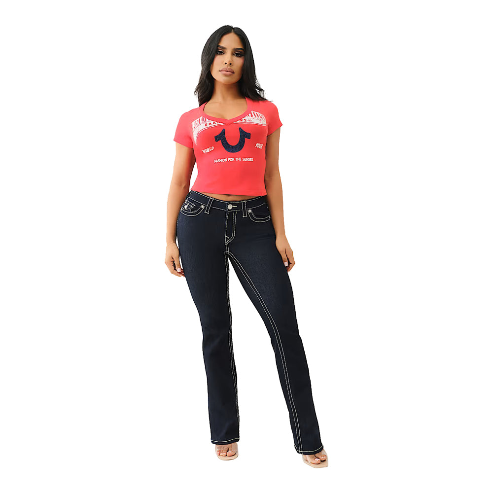 True Religion Women's Crystal Horseshoe V Neck Baby Tee Red