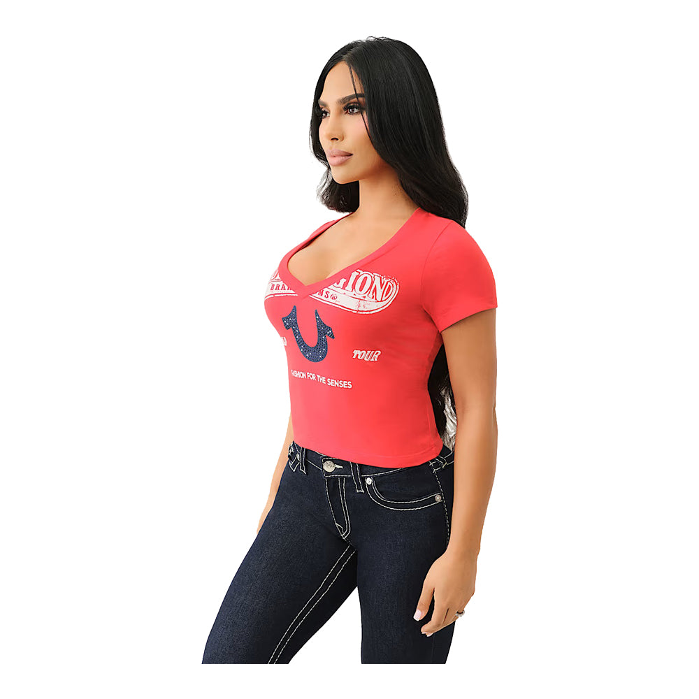 True Religion Women's Crystal Horseshoe V Neck Baby Tee - Red 5