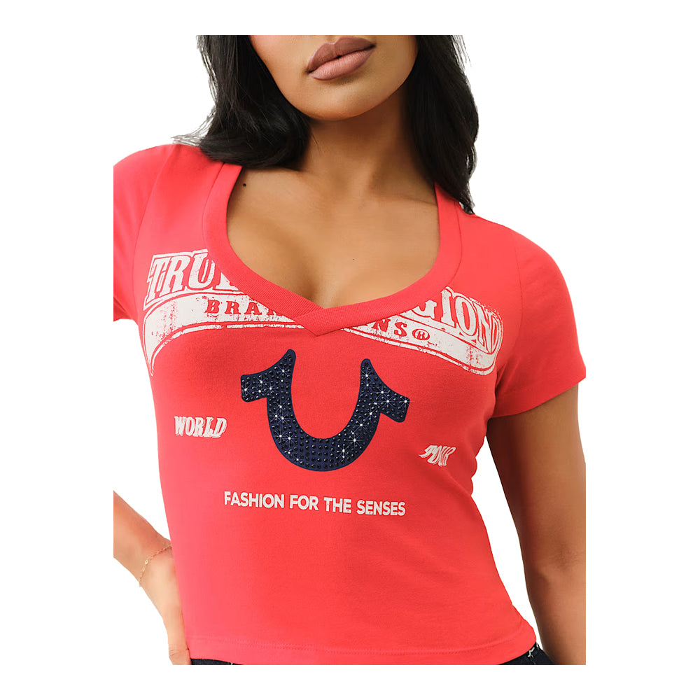 True Religion Women's Crystal Horseshoe V Neck Baby Tee - Red 3