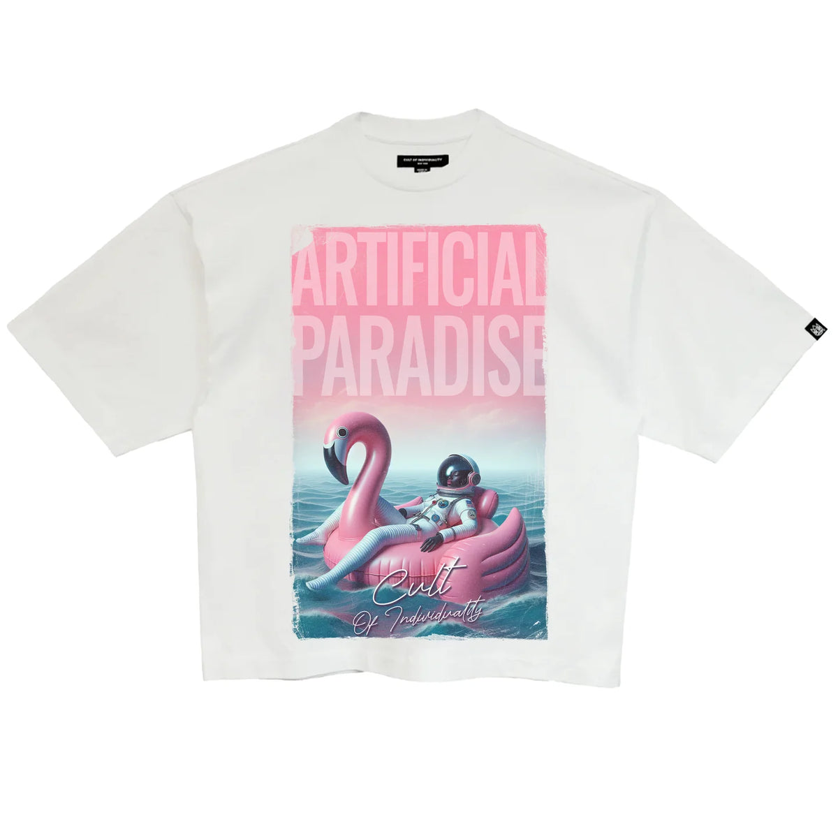 Men's Cult of Individuality Oversized Short Sleeve Crew Neck Tee "Artificial Paradise" in White