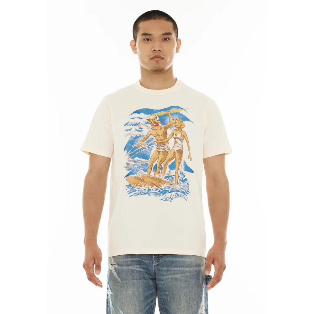 Men's Cult Of Individuality Lucky Bastard Short Sleeve Crew Neck Tee "Surfin Usa" in Winter White