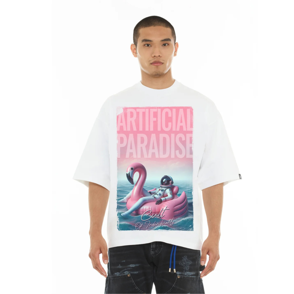 Men's Cult of Individuality Oversized Short Sleeve Crew Neck Tee "Artificial Paradise" in White