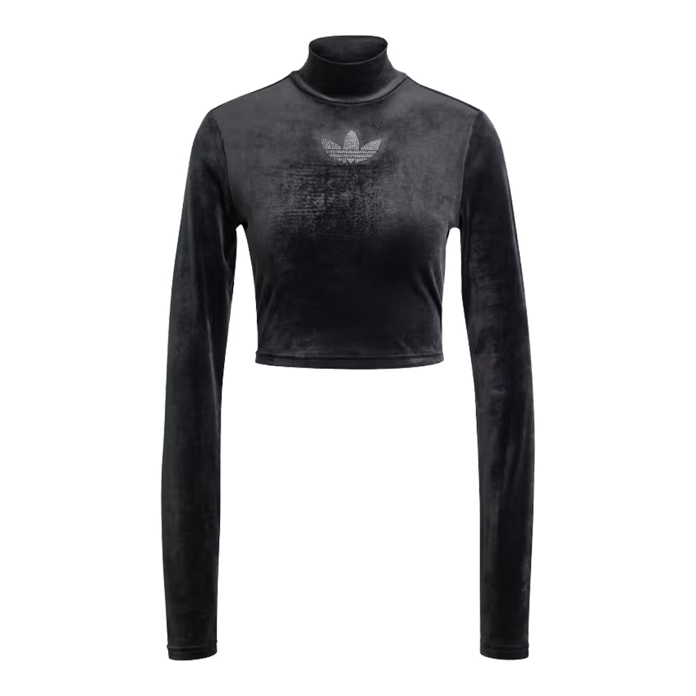 adidas Long Sleeve Rhinestone Trefoil Velvet Crop Top 1