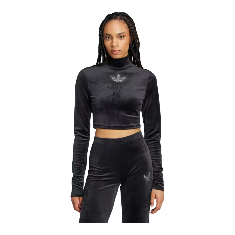 adidas Long Sleeve Rhinestone Trefoil Velvet Crop Top 2