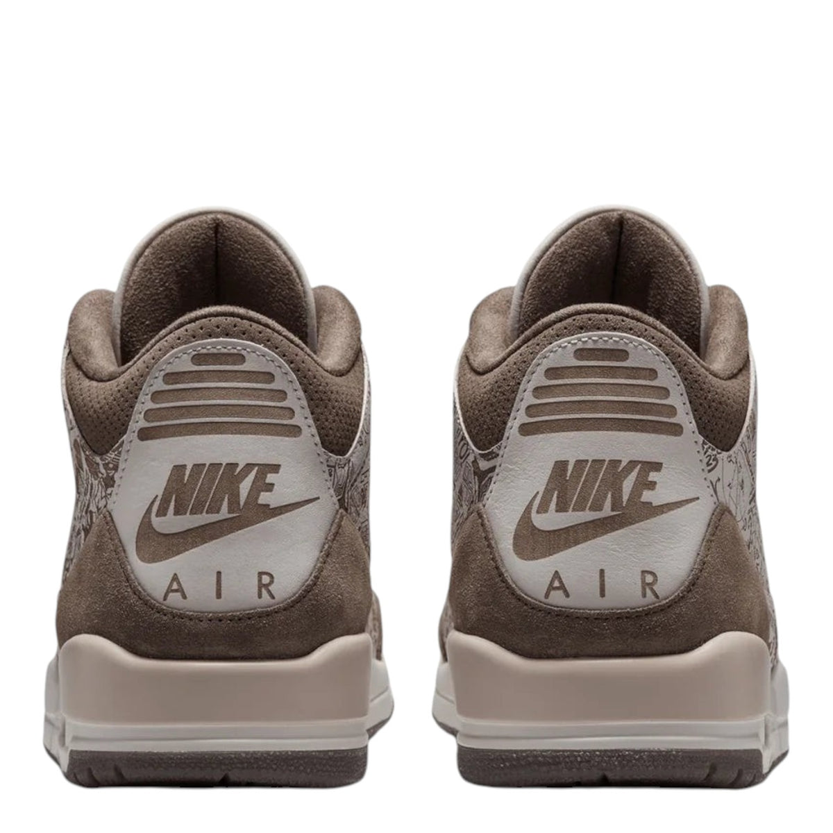 City Jeans Men's Air Jordan 3 Retro Laser sneakers in phantom, university red, palomino, and sail colorway, rear view