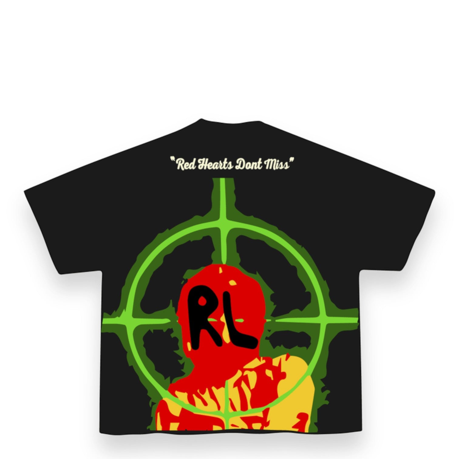 City Jeans black oversized t-shirt with Red Hearts Dont Miss graphic print and green crosshair design on the back