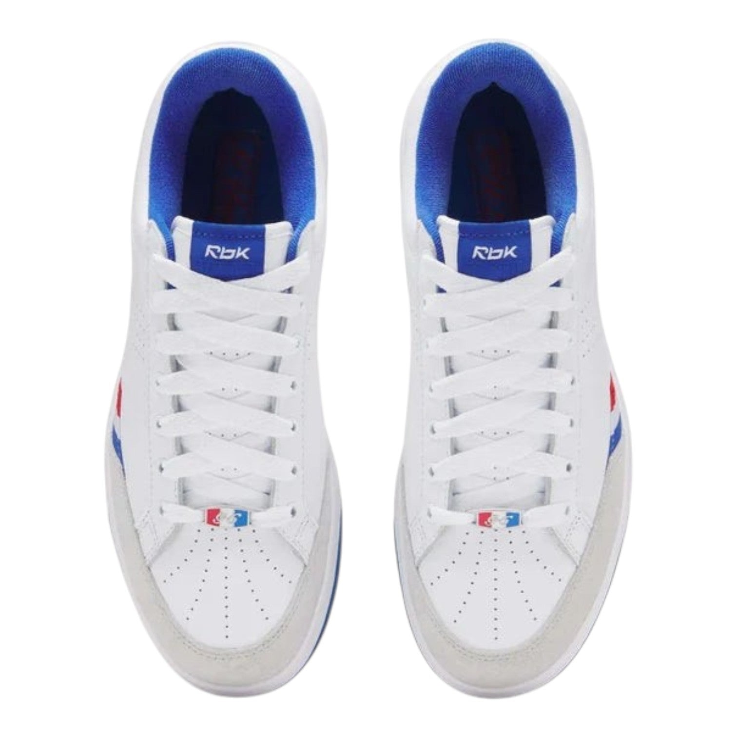 City Jeans Reebok x G-Unit G6 men's sneakers in white leather and suede with blue and red accents, top-down view.
