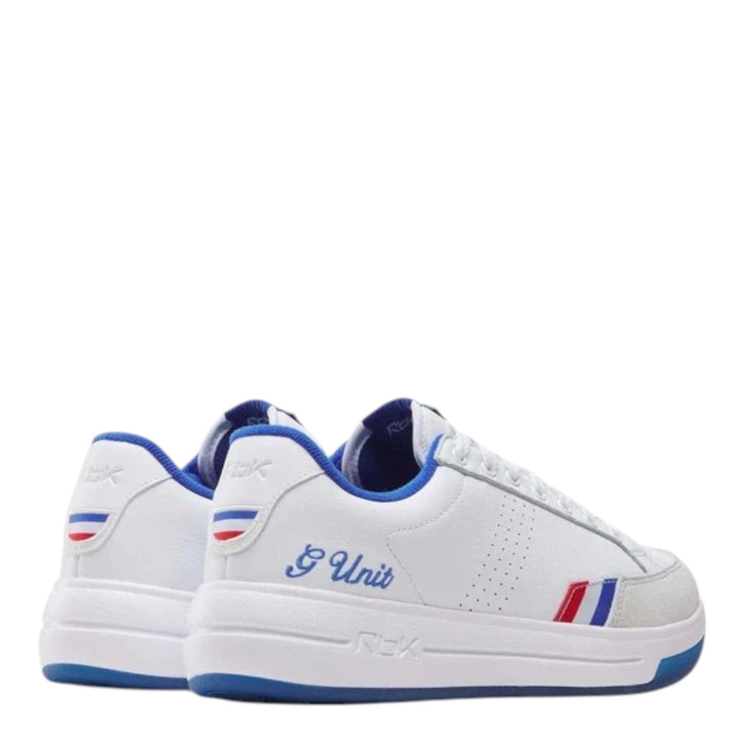 City Jeans Reebok x G-Unit G6 men's white leather and suede sneakers with blue accents and G-Unit logo detailing