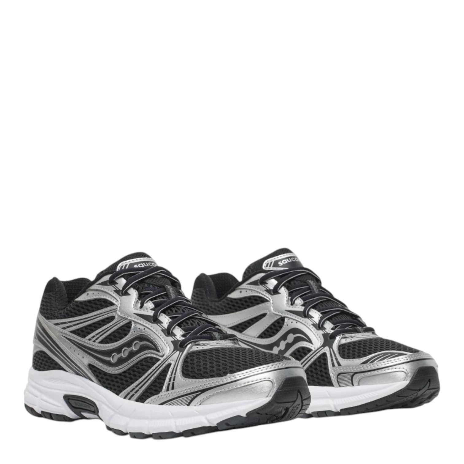 City Jeans Saucony Grid Legacy men's sneakers in black and silver with breathable mesh and reflective details.