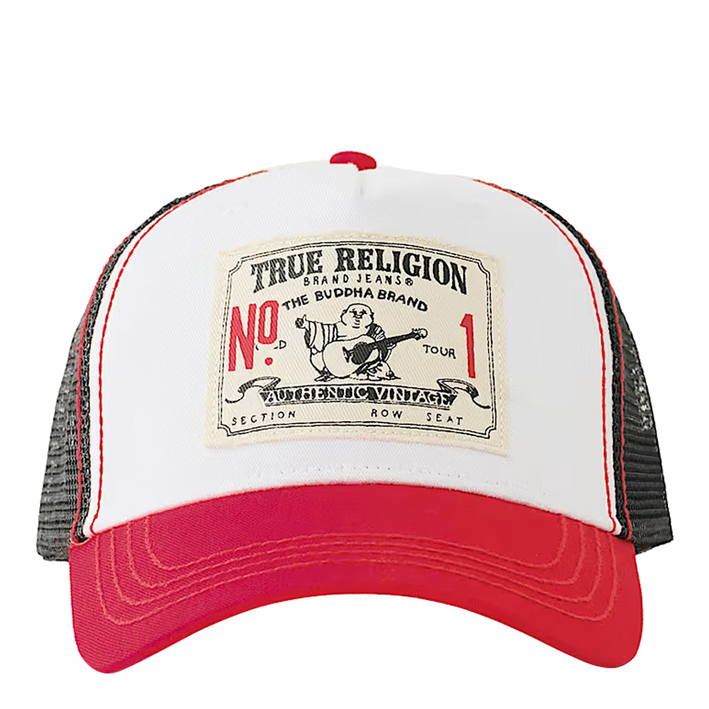 True Religion OG Patch Trucker Hat White Red