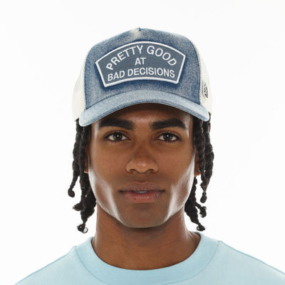 Cult of Individuality Good at Bad Decisions Denim Trucker Hat Blue 626ac-ch74a-deni