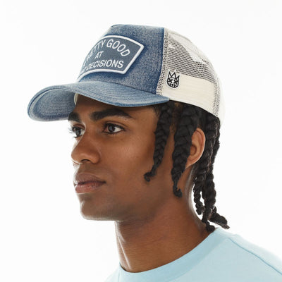 Cult of Individuality Good at Bad Decisions Denim Trucker Hat Blue 626ac-ch74a-deni