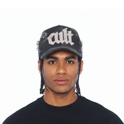 Men's Cult Of Individuality A-Frame Old English Crystal Logo Trucker Hat Black 626bc-ch71a-bkca