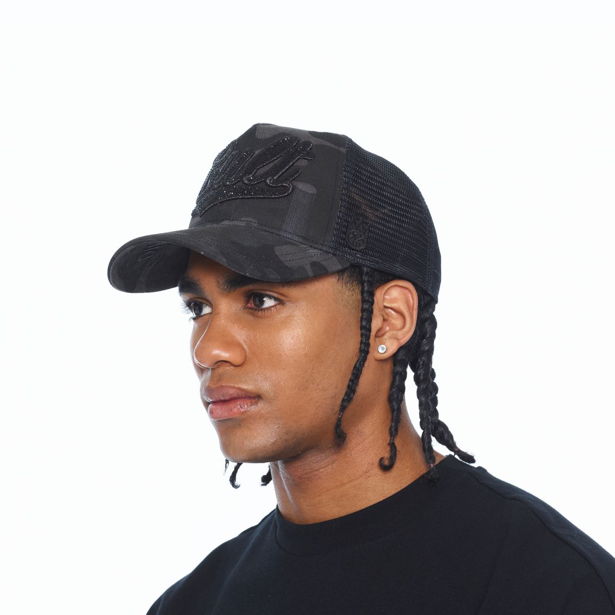 Men's Cult Of Individuality Camo Crystal Script Trucker Hat Black 626bc-ch70a-bkca