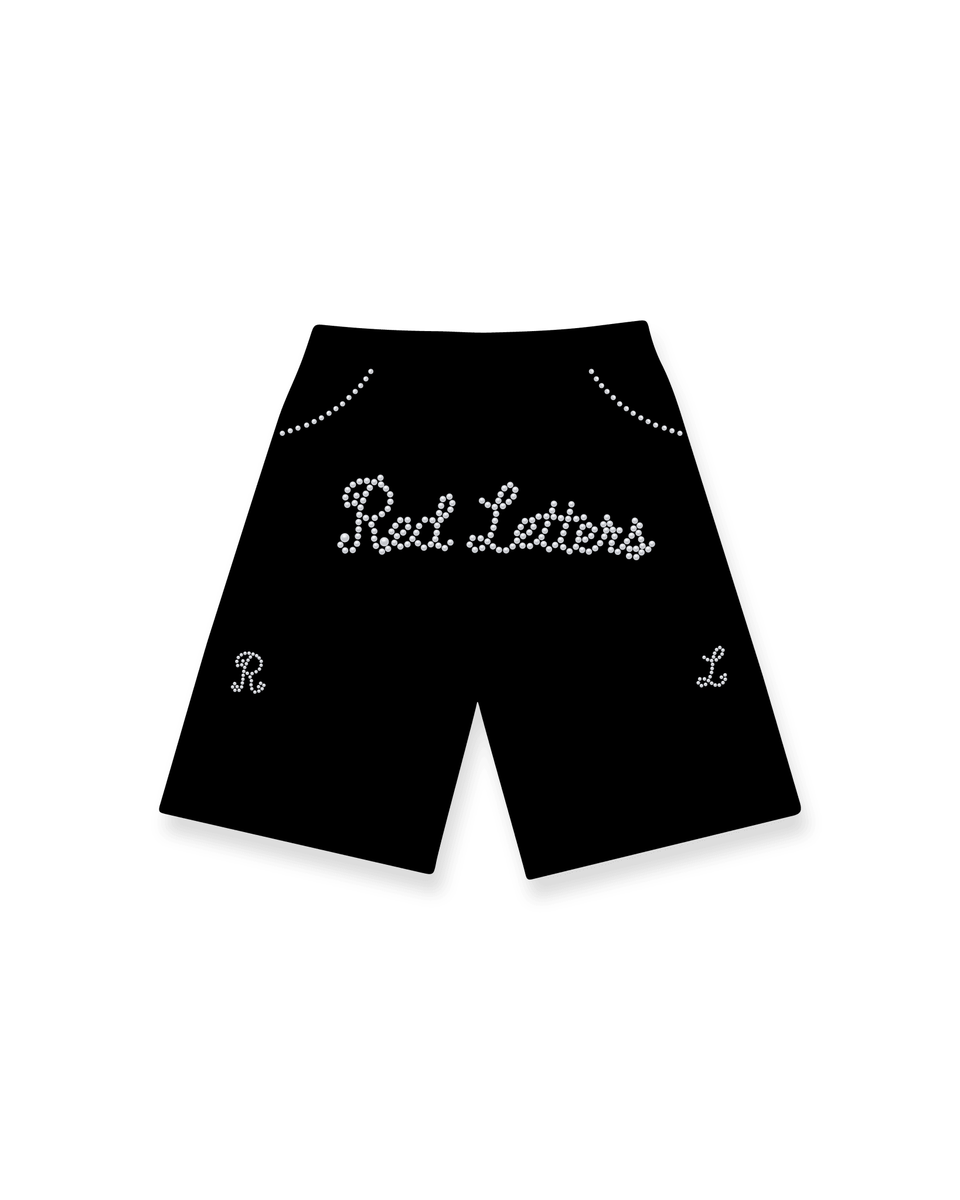 Men's Red Letters Black Pearled French Terry Sweat Shorts stonedsht-blk