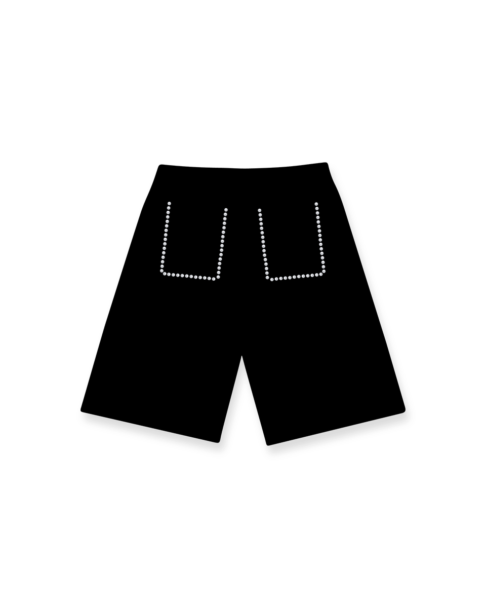 Men's Red Letters Black Pearled French Terry Sweat Shorts stonedsht-blk