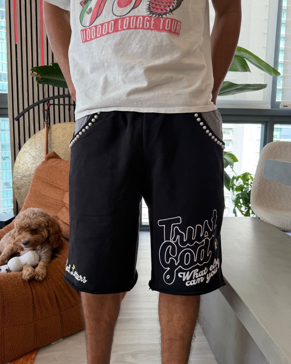 Men's Red Letters Trust God French Terry Sweat Shorts Black trstgdsht-blk