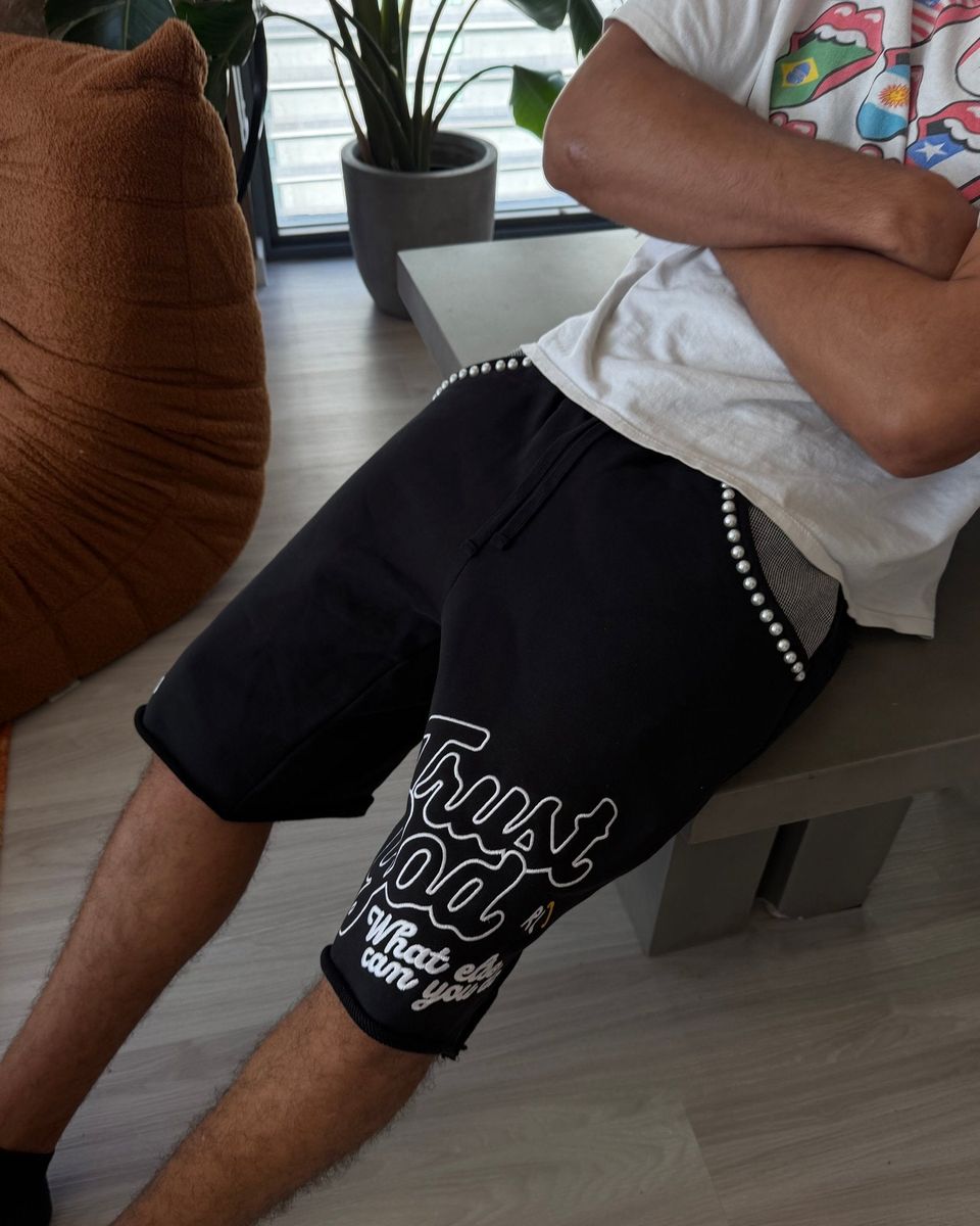 Men's Red Letters Trust God French Terry Sweat Shorts Black trstgdsht-blk