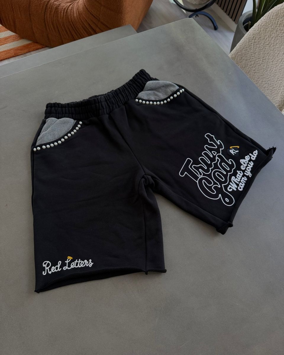 Men's Red Letters Trust God French Terry Sweat Shorts Black trstgdsht-blk