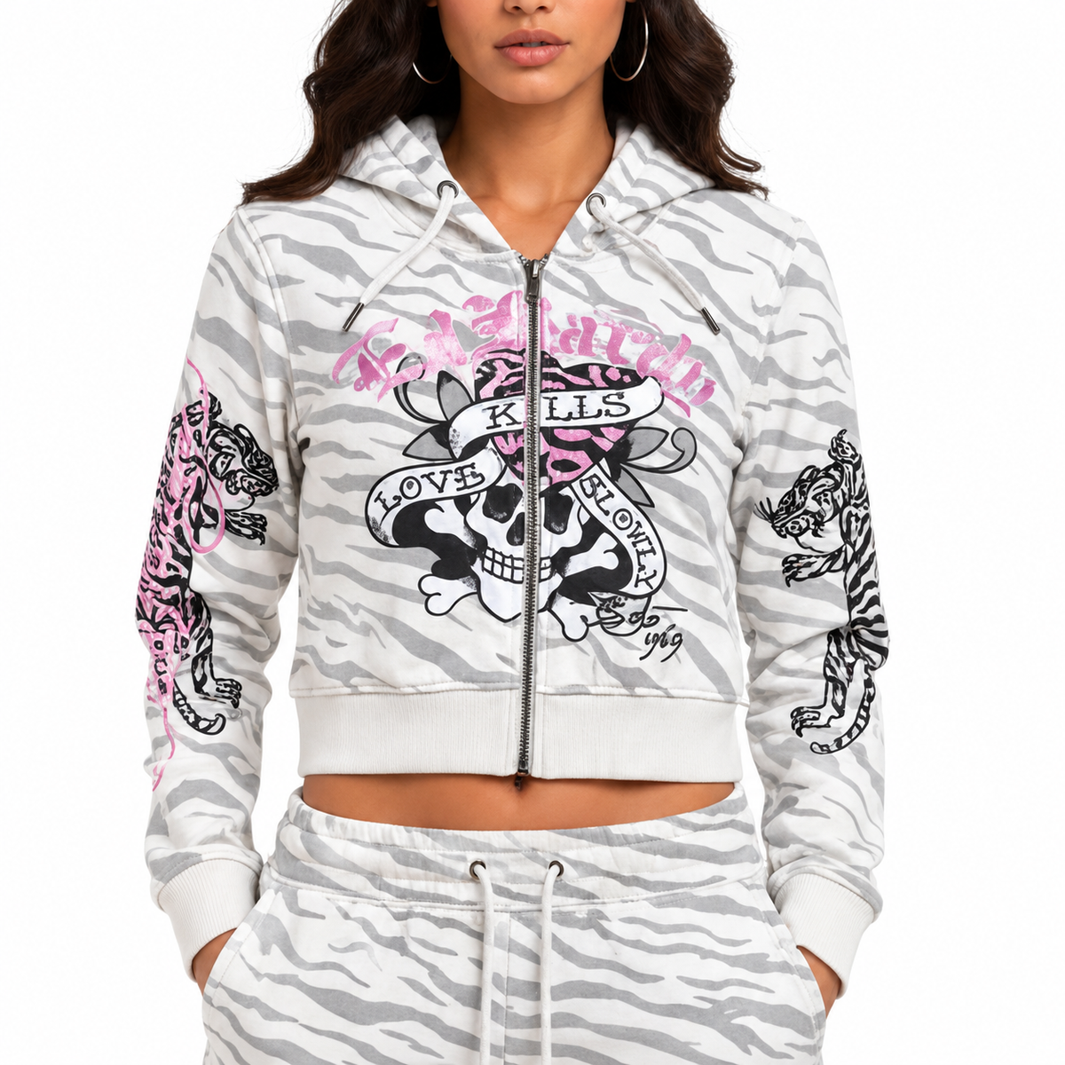 Women's Ed Hardy LKS Zebra Skull Full Zip Hoodie White EHW1800-113