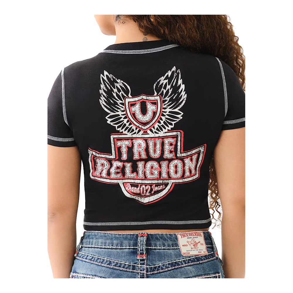 True Religion Women's Flatlock Winged Crystal Logo Baby Tee - Black 4