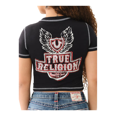 True Religion Women's Flatlock Winged Crystal Logo Baby Tee - Black 4