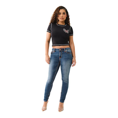 True Religion Women's Flatlock Winged Crystal Logo Baby Tee - Black 1