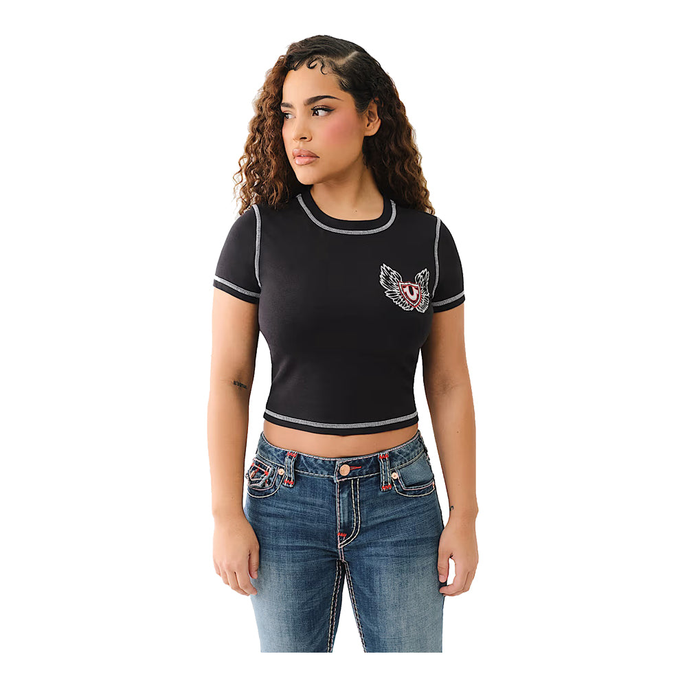True Religion Women's Flatlock Winged Crystal Logo Baby Tee - Black 2