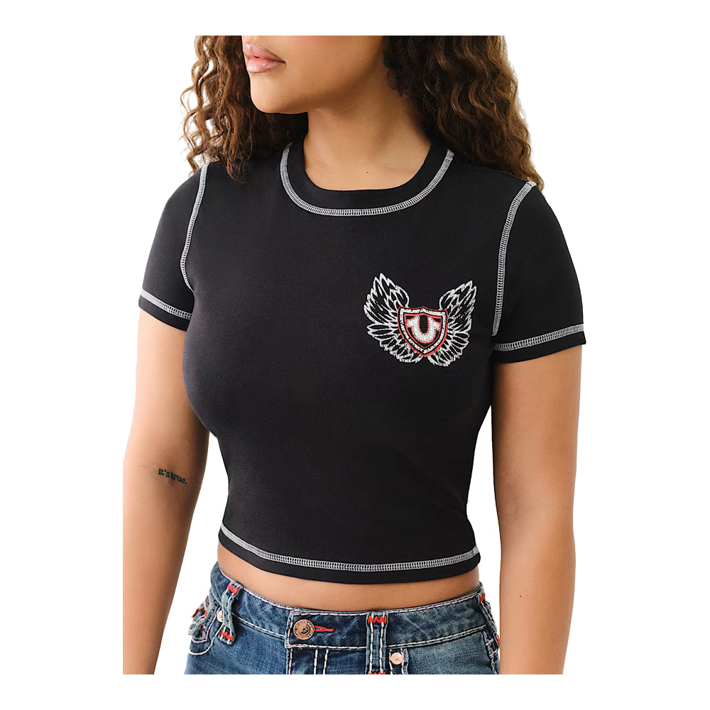 True Religion Women's Flatlock Winged Crystal Logo Baby Tee - Black 3