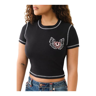 True Religion Women's Flatlock Winged Crystal Logo Baby Tee - Black 3