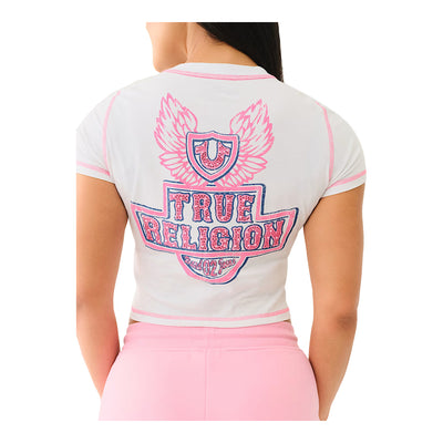 True Religion Women's Flatlock Winged Crystal Logo Baby Tee - White 6