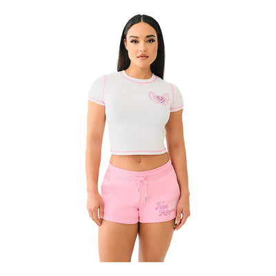 True Religion Women's Flatlock Winged Crystal Logo Baby Tee - White 7
