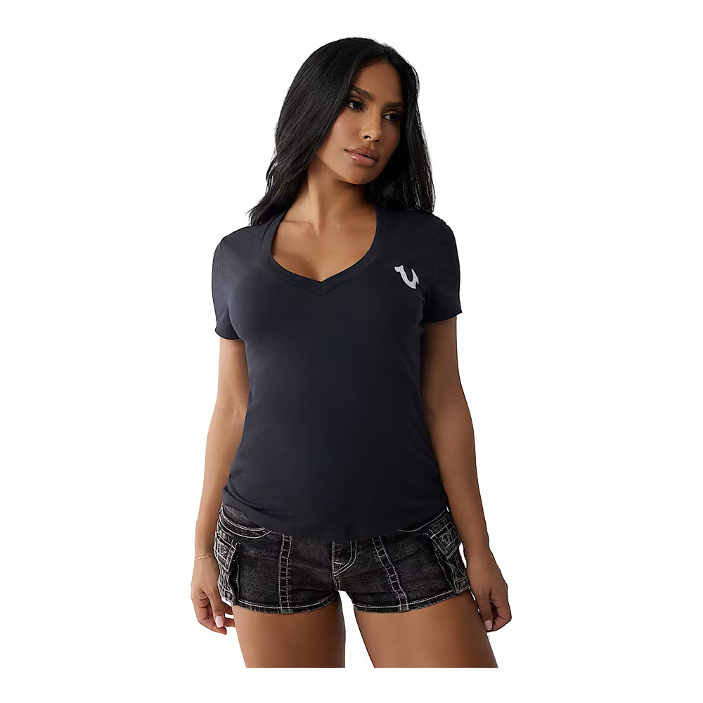 True Religion Women's Crystal World Tour V Neck Tee - Black 4