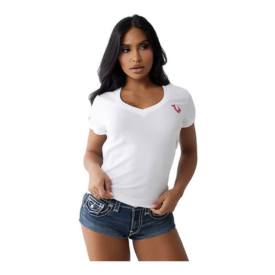 True Religion Women's Crystal World Tour V Neck Tee - White 5