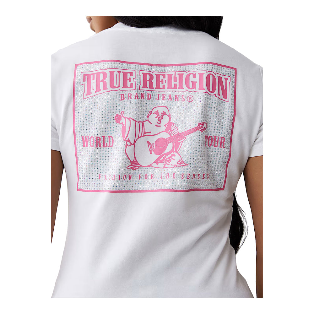 True Religion Women's Crystal World Tour V Neck Tee - White 4