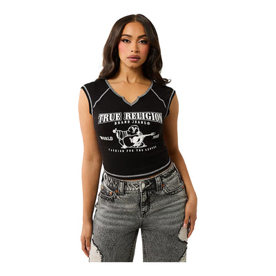 True Religion Women's Ribbed World Tour Notch Baby Tee - Black 5