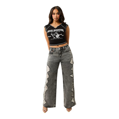 True Religion Women's Ribbed World Tour Notch Baby Tee - Black 1