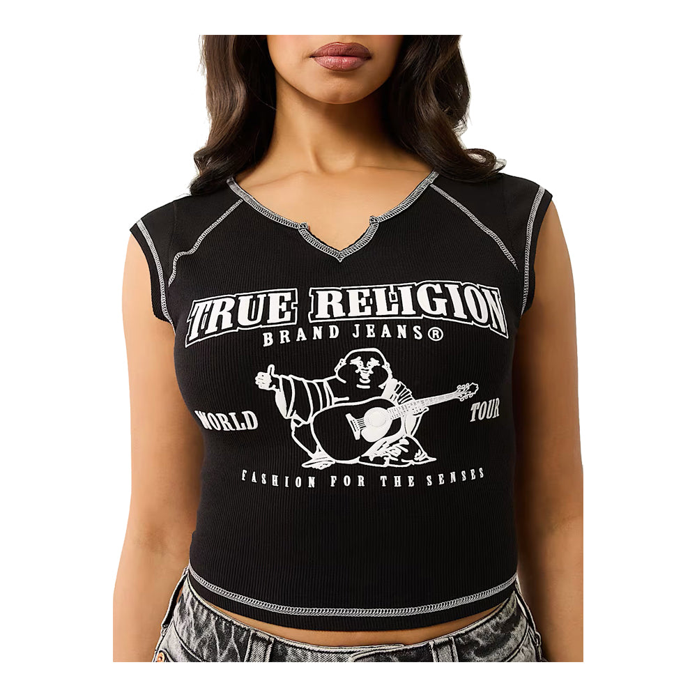 True Religion Women's Ribbed World Tour Notch Baby Tee - Black 6