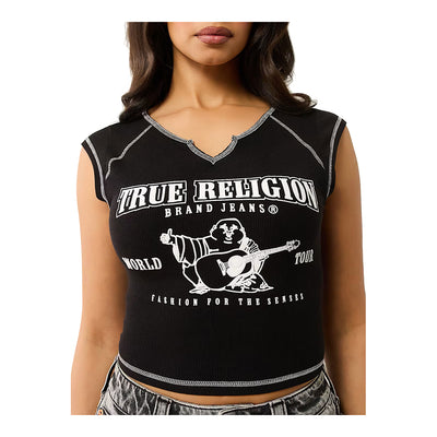 True Religion Women's Ribbed World Tour Notch Baby Tee - Black 6