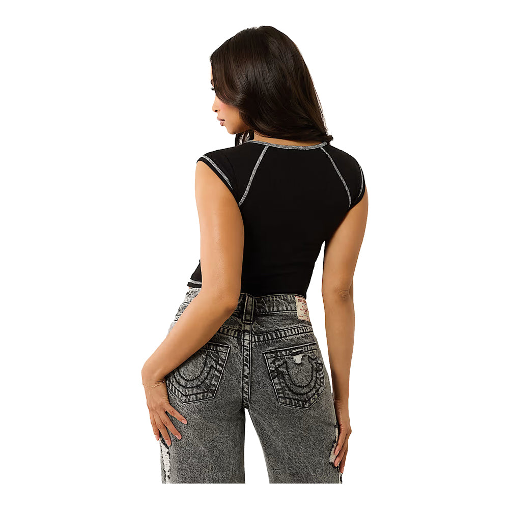 True Religion Women's Ribbed World Tour Notch Baby Tee - Black 3