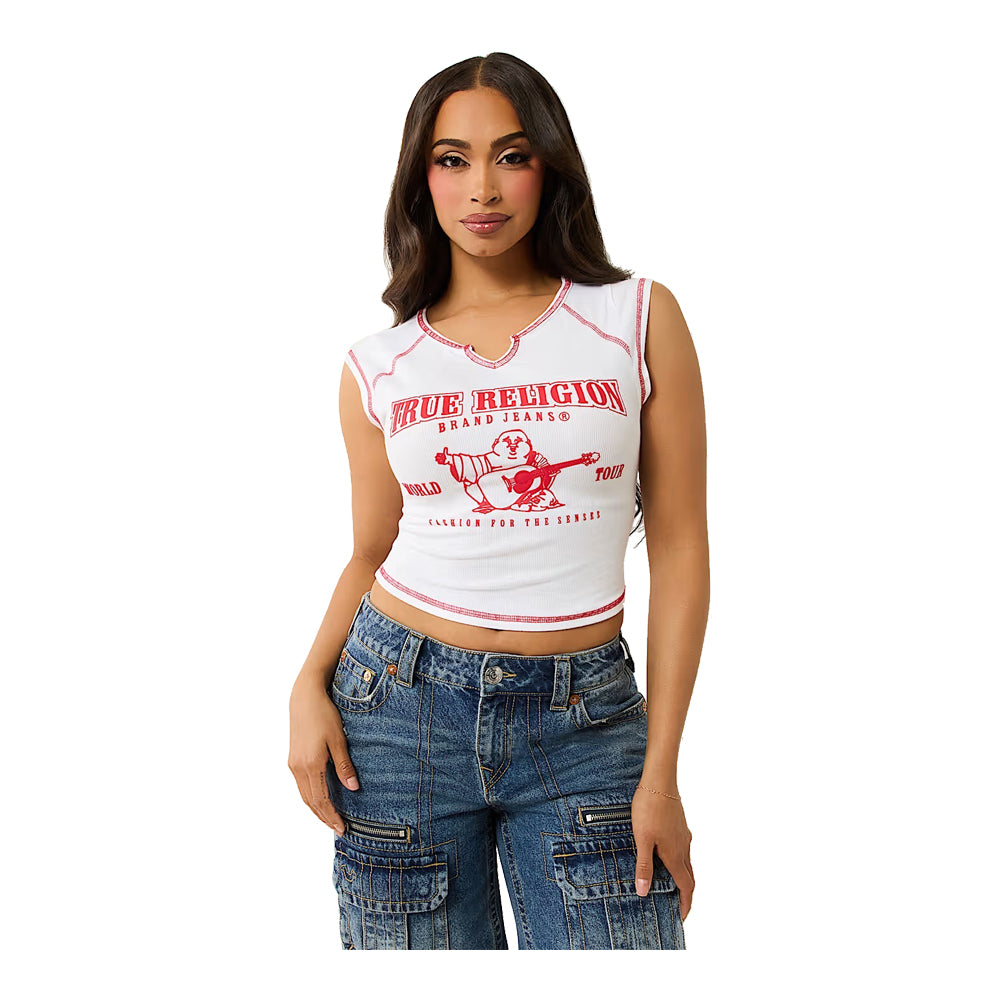 True Religion Women's Ribbed World Tour Notch Baby Tee - White 3