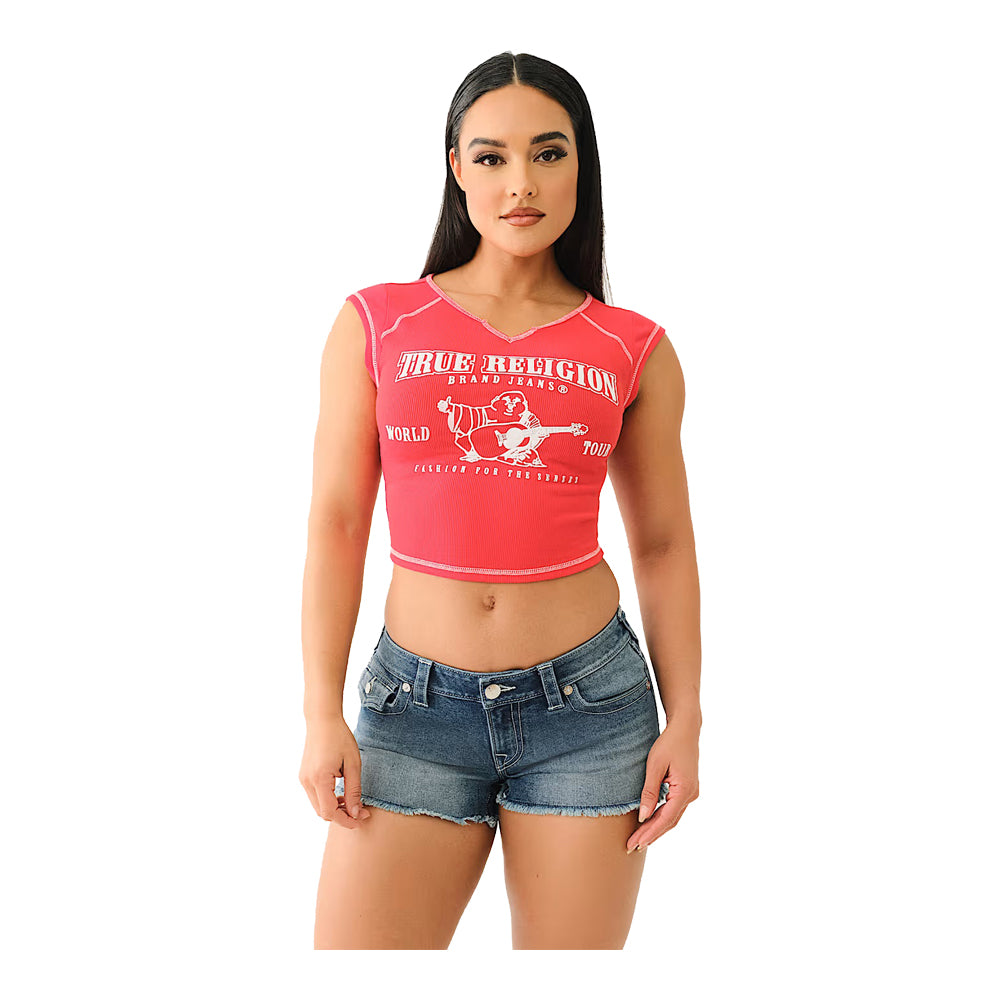 True Religion Women's Ribbed World Tour Notch Baby Tee - Red 4