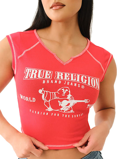 True Religion Women's Ribbed World Tour Notch Baby Tee - Red 3