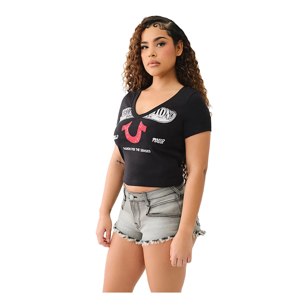 True Religion Women's Crystal Horseshoe V Neck Baby Tee - Black 2