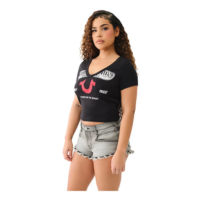True Religion Women's Crystal Horseshoe V Neck Baby Tee - Black 2